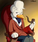 accessory anthro avian beak bird bottomwear chair chicken clothing female furniture galliform hair half-closed_eyes hi_res jacket male narrowed_eyes necktie pants phasianid shirt sirmega sitting smoking_pipe solo stylish suit topwear