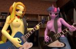3d_(artwork) absurd_res adagio_dazzle_(eg) anthro bookshelf bottomwear breasts brick brick_wall clothed clothing colored_nails denim denim_bottomwear denim_clothing digital_media_(artwork) duo earth_pony electric_guitar entertainment_center equestria_girls equid equine female friendship_is_magic furniture gilo_(artist) guitar hasbro hi_res horn horse jeans looking_at_viewer mammal musical_instrument my_little_pony mythological_creature mythological_equine mythology nails nipples pants plucked_string_instrument pony string_instrument topless twilight_sparkle_(mlp) unicorn wall_(structure)