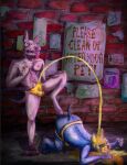 animal_mask anthro bodily_fluids brick brick_wall canid canine canis clothing domestic_dog duo genital_fluids greengod humanoid male male/male mammal mask peeing peeing_on_head peeing_through_clothing poster_(object) pup_mask tongue tongue_out underwear urine urine_on_head wall_(structure) watersports