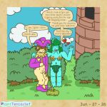 1:1 2026 animal_humanoid aquatic aquatic_humanoid asterozoan bald_crotch blue_body bodily_fluids bottomwear building clothing cloud dialogue duo echinoderm embarrassed english_text eyeless female fool's_hat genital_fluids genitals grass hat headgear headwear heart_symbol holding_clothing holding_object holding_shirt holding_topwear human humanoid jester male mammal pants peeing penis plant planttentacles presenting presenting_penis seaweed shirt shrub sierra_(planttentacles) sky starfish starfish_(accessory) starfish_on_nipples text topwear tower urine watersports wendol_(planttentacles)