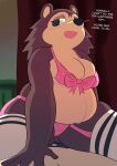 absurd_res animal_crossing anthro big_breasts breasts clothing curtains english_text eulipotyphlan female fitting_room hedgehog hi_res lingerie male mammal nintendo on_top_of_viewer pregnant pregnant_anthro pregnant_female sable_able slightly_chubby slightly_chubby_female smile text thick_thighs toonarscontent wide_hips