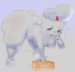 2025 anthro apron bear bent_over big_butt bimbo_(bakery) bimbo_bear biped blue_eyes bread breasts butt clothed clothed_anthro clothed_female clothing digit_ring digital_drawing_(artwork) digital_media_(artwork) eyeliner female female_anthro finger_ring food footwear fur glistening glistening_butt gradient_background high_heels huge_butt jewelry looking_at_viewer makeup mamasoyanini mammal open_mouth partially_clothed platform_footwear platform_heels ring_(jewelry) shoes simple_background solo thick_thighs white_apron white_body white_clothing white_footwear white_fur white_high_heels wide_hips