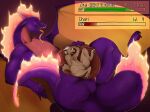 abdominal_bulge anthro dragon duo fake_anna female feral fire flaming_tail gameplay_mechanics genitals hi_res inflation internal kobold masturbation mythological_creature mythological_scalie mythology purple_body scalie spread_legs spreading tail thick_thighs tongue tongue_out vore vulva wide_hips
