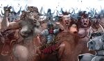 anthro armor arms_outstretched bovid bovine breasts clothed clothed_human clothed_male clothing crazy_eyes derp_eyes european_mythology female greek_mythology group hi_res horn human lorica_segmentata male mammal meandraco minotaur mythology nude nude_anthro nude_female open_mouth roman running stampede