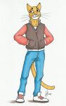 2019 anthro blue_bottomwear blue_clothing blue_pants bottomwear brown_clothing brown_jacket brown_topwear clothed clothing dated domestic_cat felid feline felis footwear front_view full-length_portrait fur hand_in_pocket hi_res hufnaar jacket male male_anthro mammal mouth_closed pants pockets portrait red_clothing red_jacket red_topwear shoes signature slim_anthro slim_male solo standing topwear traditional_media_(artwork) whiskers white_clothing white_footwear white_shoes yellow_body yellow_fur