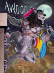 4_toes 5_fingers anthro awoo balloon black_mane black_nose canid canine claws eyes_closed fangs featureless_crotch feet finger_claws fingers full_moon fur grey_body grey_fur harness hi_res hindpaw howl humanoid_hands inflatable leather leather_harness lgbt_pride male mammal mane mjodvitnir moon muscular muscular_anthro muscular_male mythological_canine mythological_creature mythology night nude nude_anthro nude_male outdoor_nudity outside paws pride_colors rainbow_flag rainbow_harness rainbow_pride_flag rainbow_symbol scrappyvamp solo tail teeth toe_claws toes werecanid werecanine werecreature werewolf