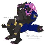 abdominal_bulge animal_genitalia anthro balls biped black_body black_sclera blue_body blue_fur bodily_fluids canid canine canis claws digital_media_(artwork) domestic_dog duo fur genital_fluids genitals hair hand_on_face hi_res hope_(hopethehusky) husky licking long_hair male male/male male_penetrating mammal markings masturbation muscular muscular_anthro muscular_male mythological_creature mythology nipple_piercing nipples nordic_sled_dog nude penetration penis piercing pink_hair self_lick sex size_difference spitz tail tongue wolf zephyxus
