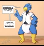 2026 3_toes 4_fingers ambiguous_gender anthro artist_name avian beak berdly big_diaper bird black_eyewear black_glasses blue_body blue_feathers blue_tail bodily_fluids clean_diaper clothed clothing collared_shirt deltarune dialogue diaper english_text eyes_closed eyewear feather_hands feathers feet fingers floor full-length_portrait gesture glasses grey_turtleneck hand_gesture hand_on_hip heart_symbol hi_res inside leg_markings letterbox linked_speech_bubble male_(lore) markings open_beak open_mouth pointing portrait rectangular_glasses shadyadi shirt signature socks_(marking) solo speech_bubble standing sweat sweatdrop tail tail_feathers text three-quarter_view toes topwear undertale_(series) wearing_diaper wearing_glasses white_clothing white_diaper white_shirt white_topwear wood wood_floor yellow_beak yellow_body