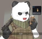 anthro armor bad_2_bad bear beverage_can body_armor can clothing container giant_panda gloves gun handgun handwear holding_object holding_weapon kerchief kill_(meme) looking_at_viewer male mammal meme minecraftsteve42069 pan_colman pistol ranged_weapon shemagh simple_background solo text weapon white_body