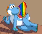 absurd_res clothing cyan_yoshi dinim dinosaur femboy flag frotz_(yoshi) fur grey_eyes happy hi_res lgbt_pride male mario_bros nintendo panties pose prehistoric_species pride_colors rainbow_flag rainbow_pride_flag rainbow_symbol reptile scalie shell smile solo suggestive_pose underwear yoshi