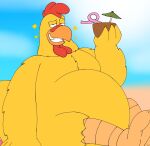 anthro avian beach beverage bird blurred_background chicken cocktail_garnish cocktail_umbrella coconut coconut_drink drinking_straw drupe_(fruit) ernie_the_giant_chicken family_guy feathers food fruit galliform grin half-closed_eyes holding_beverage holding_object looking_at_viewer male narrowed_eyes phasianid plant pt80s0up silly_straw sitting smile smug solo star umbrella yellow_body yellow_feathers