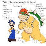1:1 2025 3_toes 4_fingers accessories_only alternate_universe anthro armband arms_bent bent_arm bent_leg big_nose biped black_armband black_collar black_eyes black_facial_hair black_hair black_mustache blue_clothing blue_hat blue_headwear blue_overalls blush blush_lines bowser bracelet brown_clothing brown_footwear brown_shoes button_(fastener) cbfanart character_name claws closed_frown clothed clothed_human clothed_male clothing coin collar colored curved_horn digital_drawing_(artwork) digital_media_(artwork) duo english_description english_text eyebrows facial_hair featureless_crotch feet finger_claws fingers footwear frown fully_clothed fully_clothed_human fully_clothed_male gloves green_head green_shell hair hand_on_hip hand_on_own_hip handwear hat headgear headwear hi_res holding_coin holding_object horn human japanese_text jewelry king koopa larger_anthro larger_male lidded_eyes light lighting luigi male male_anthro male_human mammal mario_bros mouth_closed multicolored_body multicolored_scales mustache nintendo no_pupils overalls question_mark red_eyebrows red_hair royalty scales scalie shaded shell shirt shoes short_hair simple_background size_difference smaller_human smaller_male spiked_armband spiked_bracelet spiked_collar spiked_shell spiked_tail spikes spikes_(anatomy) straight_arm straight_legs super_mario_bros.:_peach-hime_kyushutsu_dai_sakusen! tail tan_body tan_horn tan_scales tan_skin text thick_eyebrows thick_thighs toes topwear white_background white_claws white_clothing white_gloves white_handwear white_sclera white_spikes yellow_body yellow_clothing yellow_scales yellow_shirt yellow_tail yellow_topwear