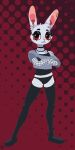 1:2 absurd_res alternative_fashion anonster anthro armwear biped black_choker black_clothing black_ear_piercing black_fingers black_jewelry black_legwear black_necklace black_panties black_shirt black_tank_top black_thigh_highs black_topwear black_underwear blanc_de_hotot choker clothing crop_top crossed_arms digital_media_(artwork) domestic_rabbit ear_piercing ear_ring eyeliner eyeshadow femboy fingerless_(marking) fishnet_armwear fishnet_clothing fishnet_topwear fur goth grey_clothing grey_crop_top grey_shirt grey_topwear halftone halftone_background hi_res jewelry lagomorph legwear leporid lidded_eyes logo long_ears long_legs long_neck looking_at_viewer lucas_(anonster) makeup male mammal narrowed_eyes necklace oryctolagus panties pattern_background piercing pink_nose pixel_(artwork) rabbit red_background red_eyes ring_piercing shirt silver_ear_ring simple_background solo squish tank_top thigh_highs thigh_squish topwear underwear watermark white_body white_fur