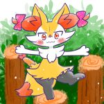 1:1 2024 accessory ambiguous_anthro ambiguous_gender annyui0611 anthro balancing biped blush blush_stickers bow_ribbon braixen canid closed_smile detailed_background digital_drawing_(artwork) digital_media_(artwork) dipstick_tail food front_view full-length_portrait generation_6_pokemon hair_accessory hair_bow hair_ribbon hi_res japanese_description looking_at_viewer mammal markings mouth_closed nintendo object_in_tail on_one_leg outside pokemon pokemon_(species) portrait ribbons shrimp_(food) smile snout solo standing tail tail_markings translated_description wavy_mouth