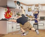 2020 anthro appliance bacon black_pawpads blue_bottomwear blue_clothing blue_pajamas blue_pants blue_shirt blue_topwear bottomwear brick brick_wall brown_bottomwear brown_clothing brown_shorts burnt_food butcher_knife canid canine canis cargo_shorts clothing cooking denim denim_bottomwear denim_clothing domestic_dog drawer egg father_(lore) father_and_child_(lore) father_and_son_(lore) felid fire floor food footwear fur furgonomic_pants furniture german_shepherd green_clothing green_hat green_headwear group hat headgear headwear herding_dog hi_res holding_pan jeans kitchen kitchen_appliance kitchen_utensils korean_text ladle male mammal meat microwave_oven miru3192 motion_lines panicking pantherine pants parent_(lore) parent_and_child_(lore) parent_and_son_(lore) pastoral_dog pawpads placard rug scissors shirt shoes shorts signature sneakers son_(lore) spatula standing_on_stool stool stove sunny_side_up_egg tail tan_body tan_clothing tan_footwear tan_fur tan_shoes text tiger tile tile_wall tools topwear trio ventilator wall_(structure) white_clothing white_footwear white_shirt white_shoes white_sneakers white_topwear wood wood_floor
