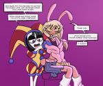 2026 6:5 anthro belt big_ears bimbo_(fashion) black_bra black_clothing black_underwear blonde_hair blue_clothing blue_gloves blue_handwear bodily_fluids bra clothing crying duo english_text evil_jax_(tadc) evil_pomni_(tadc) female fool's_hat fur glitch_productions gloves gooseworx's_post-transition_jax_design hair handwear hat headgear headwear heart_necklace hoodie humanoid humanoid_hands jester jester_outfit lagomorph leg_warmers legwear leporid long_hair makeup mammal mascara omnii34 pink_belt pink_clothing pink_hoodie pink_topwear profanity purple_body purple_fur rabbit running_makeup running_mascara speech_bubble talking_to_another tears tears_of_joy text the_amazing_digital_circus topwear underwear white_body white_clothing white_leg_warmers white_legwear yellow_clothing yellow_gloves yellow_handwear
