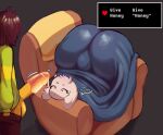 2026 anthro armchair astonarts balls big_butt big_penis blue_blanket boss_monster_(undertale) bottomwear bottomwear_pull bovid brown_bottomwear brown_clothing brown_hair brown_pants butt caprine chair chairiel clothing clothing_pull deltarune dialogue duo english_text eyelashes female floppy_ears food food_on_penis fur furniture gameplay_mechanics genitals goat green_clothing green_sweater green_topwear grey_background hair honey_(food) honey_on_penis horn huge_butt huge_penis human kris_dreemurr looking_at_genitalia looking_at_penis male mammal pants pants_pull pattern_clothing pattern_sweater pattern_topwear penis pseudo_incest_(lore) pupils simple_background small_pupils soul_(undertale) striped_clothing striped_sweater striped_topwear stripes sweater tail text topwear toriel under_blanket undertale_(series) white_body white_fur yellow_body yellow_skin