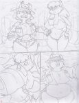 2024 anthro belly big_breasts body_expansion bottomwear breasts canid canine canis clothed clothing comic coyote duo english_text female fur gloves hair handwear hat headgear headwear hi_res inflation jacket june_coyote kissing mammal navel open_mouth procyonid raccoon shorts sketch text thick_thighs topwear traditional_media_(artwork) virus-20 wide_hips