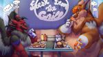 2026 anthro belly beverage big_belly blue_eyes burger chair detailed_background dialogue digital_media_(artwork) discussion dragon drinking duo dutch_angel_dragon eating eating_food eye_contact fast_food fatty-sashimi food fries fur furniture furred_dragon furred_scalie gluttony_(echance01) hair hi_res holding_food holding_object horn huge_belly junk_food kellogg_(echance01) looking_at_another male meal multicolored_body mythological_creature mythological_scalie mythology obese obese_male on_chair open_mouth orange_hair overweight overweight_male relaxing restaurant scalie sitting sitting_on_chair size_difference soda table wings