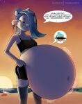 2026 absurd_res after_vore aquatic beach belly belly_overhang big_belly black_clothing blue_hair cephalopod clothing duo english_text female female_pred hair hi_res huge_belly hyper hyper_belly metalforever mollusk motion_lines navel nintendo octarian octoling outside pseudo_hair shiver_(splatoon) splatoon sunset tentacle_hair tentacles text three-quarter_view vore