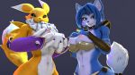 16:9 3_fingers 3d_(artwork) 5_fingers abs anthro areola armor armwear bandai_namco big_breasts black_sclera blue_body blue_eyes blue_fur blue_hair bottomwear bra bra_down breasts canid canine circlet claws clothing collar digimon digimon_(species) digital_media_(artwork) dipstick_ears dipstick_tail duo ear_markings elbow_gloves exposed_breasts female fingers fluffy fluffy_chest fluffy_tail fox fur furgonomics gloves hair hand_on_breast handwear hi_res holding_breast jewelry krystal_(star_fox) loincloth looking_at_viewer mammal markings multicolored_body multicolored_ears multicolored_fur navel necklace nintendo nipples pauldron purple_armwear purple_clothing purple_elbow_gloves purple_gloves purple_handwear renamon simple_background smile smiling_at_viewer source_filmmaker_(artwork) star_fox tail tail_markings tattoo teal_eyes thevestige tribal tribal_markings tribal_tattoo underwear vambrace warfare_krystal warfare_renamon white_body white_fur widescreen yellow_body yellow_fur