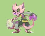 2014 5:4 angry anthro cheek_tuft chin_tuft clenched_teeth clubbed_tail cybernetic_eye cybernetics darmp digital_media_(artwork) digital_painting_(artwork) digitigrade facial_hair facial_tuft frown full-length_portrait fur green_background head_tuft looking_at_viewer looking_back looking_back_at_viewer machine male mustache painting_(artwork) pink_body pink_fur portrait purple_nose shaded simple_background snout solo species_request spiral spiral_pupils standing tail teeth tuft weapon_tail