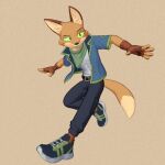 1:1 3d_(artwork) 5_fingers ambiguous_gender anthro belt black_nose blue_bottomwear blue_clothing blue_pants blue_topwear bottomwear brown_clothing brown_handwear canid canine clothed clothing digital_media_(artwork) dipstick_tail eyebrows fingerless_gloves fingers footwear fox fully_clothed gloves green_clothing green_footwear green_kerchief green_neckerchief handwear kerchief mammal markings multicolored_clothing multicolored_footwear neckerchief neckwear nukorio open_mouth pants solo tail tail_markings teeth topwear