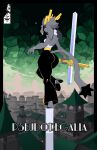 anthro antlers blue_eyes bottomwear bovid bracelet caprine clothing detailed_background digital_drawing_(artwork) digital_media_(artwork) eyebrows female floppy_ears fur grey_body grey_fur hair hi_res holding_object holding_weapon hooves horn jewelry kingsus lagomorph long_ears long_tail looking_at_viewer mammal melee_weapon on_one_leg pants pseudoregalia rear_view short_hair solo standing sword sybil_(pseudoregalia) tail text thick_eyebrows unguligrade watermark weapon