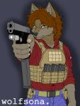 3:4 american_flag angelo(wolfsona) angry anthro armor belt belt_pouch blue_bottomwear blue_clothing blue_jeans blue_pants body_armor bottomwear brown_hair canid canine canis clothing denim denim_bottomwear denim_clothing extended_mag flag_patch fur glock gun hair handgun hi_res jeans looking_at_viewer magazine male mammal messy_hair multicolored_body multicolored_fur muscular muscular_male pants pistol pointing_gun_at_viewer ranged_weapon red_clothing red_shirt red_topwear rolled_up_sleeves shaded shirt shirt_pocket simple_background solo tactical_gear the_wolfsona topwear tucked_shirt two_tone_body two_tone_fur united_states_of_america watermark weapon white_sclera wolf yellow_eyes