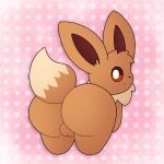 1:1 2026 balls big_butt brown_body brown_fur butt butt_focus digital_media_(artwork) dotted_background eevee espurr_tea feral fur generation_1_pokemon genitals hi_res huge_butt looking_at_viewer looking_back looking_back_at_viewer male neutral_expression nintendo pattern_background pink_background pokemon pokemon_(species) rear_view simple_background solo standing tail