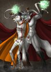 abs animal_genitalia anthro balls blood blue_eyes bodily_fluids canid canine cape clothing domestic_ferret duo emaciated emaciated_anthro emaciated_male fur genitals glowing glowing_eyes green_eyes grey_body grey_fur grey_hair hair hi_res hufnaar humanoid_genitalia humanoid_penis magic_user male male_anthro mammal mummification muscular muscular_anthro muscular_male mustelid musteline orange_cape orange_clothing pecs penis penis_tip pink_penis red_cape red_clothing red_penis sheath short_hair species_request standing transformation true_musteline vampire weasel white_balls white_body white_fur white_sheath