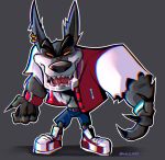 activision anthro belt big_ears bodily_fluids bottomwear canid canine canis chromatic_aberration clock clothing crash_bandicoot_(series) dasyuromorph drooling ear_piercing evil_face eyebrows fangs footwear fur grey_background grey_body grey_fur jacket letterman_jacket looking_at_viewer male mammal marsupial muscular muscular_anthro muscular_male mythological_canine mythological_creature mythology naly_roo narrowed_eyes orange_sclera outline pants pecs piercing pose recently_extinct_species ring saliva sharp_teeth shoes simple_background smile smiling_at_viewer solo standing stylized teeth thick_eyebrows thylacine tiny_tiger tongue tongue_out topwear torn_bottomwear torn_clothing torn_pants watch werecanid werecanine werecreature werewolf werewolf_tiny_tiger white_body white_fur white_outline wolf wristband wristwatch