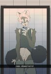 andromorph anthro big_tail black_tail blue_eyes bottomwear bottomwear_down caption cellphone clothed clothing electronics english_description english_text eyebrows eyewear fur genitals glasses grey_body grey_ears grey_fur hair hi_res holding_cellphone holding_object holding_phone holding_smartphone inside intersex leo_campbell looking_at_viewer mammal mastectomy_scar mirror mirror_selfie multicolored_body multicolored_fur navel nerunaur nipples pants pants_down partially_clothed phone portrait procyonid pubes raccoon red_nipples red_nose red_tongue red_vulva scar selfie shirt slim smartphone smile snapchat solo standing sweatpants tail tan_body tan_fur tank_top text three-quarter_portrait tile tile_wall tongue tongue_out topwear trans_(lore) trans_man_(lore) two_tone_body two_tone_fur vulva wall_(structure) white_eyebrows white_hair white_inner_ear white_pubes