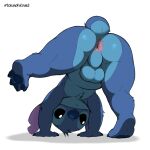 1:1 2026 4_fingers alien all_fours anthro anus ass_up backsack balls black_eyes blue_body blue_claws blue_fur blue_nose blue_pawpads bodily_fluids butt cel_shading chest_tuft claws digital_drawing_(artwork) digital_media_(artwork) disney experiment_(lilo_and_stitch) feet finger_claws fingers fur genitals head_tuft hi_res lilo_and_stitch looking_at_viewer looking_through looking_through_legs looking_through_legs_at_viewer male nude pawpads perineum presenting presenting_hindquarters shaded simple_background solo stitch_(lilo_and_stitch) tail thick_thighs toe_claws toes torinohito tuft white_background