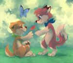 2014 ambient_arthropod ambient_butterfly ambient_insect ambiguous_gender anthro blue_eyes blue_kerchief blue_neckerchief blush brown_body brown_fur brown_nose brown_pawpads canid canine canis darmp digital_media_(artwork) digital_painting_(artwork) digitigrade domestic_dog duo facial_hair fangs featureless_crotch feet floppy_ears folded_ears fox fur giving_flower goatee grass green_kerchief green_neckerchief hindpaw kerchief kerchief_only kiro_(kilometers) male male/ambiguous mammal mostly_nude neckerchief neckerchief_only neckwear open_mouth open_smile painting_(artwork) pawpads paws pink_blush pink_tongue plant riley_(waywardmutt) shaded sitting sitting_on_ground smile snout standing tail tan_body tan_fur teeth tongue