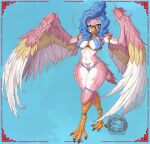 2026 absurd_res anklet anthro armlet avian bikini biped bird_legs blue_background blue_eyes blue_hair blush breasts cel_shading clothing covered_nipples digital_drawing_(artwork) digital_media_(artwork) european_mythology eyelashes feathered_wings feathers feet female front_view gold_(metal) gold_jewelry greek_mythology hair harpy hi_res jewelry long_eyelashes looking_at_viewer medium_breasts multicolored_body mythological_avian mythological_creature mythology navel nipple_outline o-ring ottobum pink_body pubes scuted_feet scuted_legs scutes shaded simple_background small_waist solo swimwear tail tail_feathers talons thick_thighs toes two-piece_swimsuit white_body wide_hips winged_arms wings