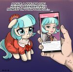 absurd_res blue_hair bodily_fluids cellphone clothed clothing coco_pommel_(mlp) dialogue dress electronics equid equine eyelashes female feral friendship_is_magic hair hasbro heart_symbol hi_res holding_cellphone holding_object holding_phone horse human jewelry mammal my_little_pony n-o-n necklace phone pony pupils quadruped sweat tail text