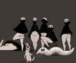 2023 alien ambiguous_gender anthro black_eyes black_sclera bottomless bottomless_humanoid butt clothed clothing feral group hi_res holding_melee_weapon holding_object holding_weapon humanoid looking_at_viewer lying meandraco melee_weapon monotone_background on_front polearm pupils rain_world simple_background slugcat spear videocult weapon white_body white_eyes worm