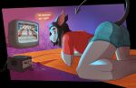 2026 absurd_res all_fours anthro bat biped blue_boxer_briefs blue_clothing blue_underwear boxer_briefs bulge bulge_from_behind butt clothed clothed_anthro clothing crt crt_effect darkness electronics english_text fangs game_console gamecube gamecube_console hair hi_res long_hair looking_at_viewer looking_back looking_back_at_viewer male male_anthro mammal nintendo orange_eyes partially_clothed pointy_ears presenting presenting_hindquarters red_clothing red_shirt red_topwear rug shirt smile smirk solo spade_tail speech_bubble t-shirt tail teeth television text topwear underwear vesper_thee_bat vesper_thee_bat_(character)