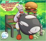 2026 accessory angry anthro armwear belly bench big_belly big_ears black_armwear black_clothing black_legwear black_leotard bloated border breasts buckteeth burger bys3d cel_shading clothing colored dialogue digital_media_(artwork) english_text female food generation_8_pokemon grass grey_body grey_ears grey_hair hair hair_accessory hairband hand_on_hip hand_on_own_hip hi_res holding_food holding_object huge_belly huge_ears hyper hyper_belly lagomorph legwear leotard leporid looking_at_viewer mammal navel nintendo on_bench open_mouth outside pink_tongue plant pokemon pokemon_(species) rabbit raboot red_eyes red_mouth red_scarf scarf shaded shrub sitting sitting_on_bench solo speech_bubble stuffing talking_to_viewer teeth text three-quarter_view tongue topwear torn_clothing torn_leotard torn_topwear white_border yellow_hairband