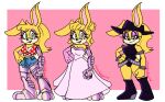archie_comics boots bottomwear breasts bunnie_rabbot buns_rabbot clothing clownkidsquid cybernetic_arm cybernetic_leg cybernetic_limb dress eyelashes female footwear fur green_eyes hair hi_res lagomorph leporid mammal multiple_poses pink_background ponytail pose rabbit rabbit_ears scut_tail sega shirt shoes short_tail shorts simple_background solo sonic_the_hedgehog_(archie) sonic_the_hedgehog_(comics) sonic_the_hedgehog_(series) tail tied_shirt topwear yellow_body yellow_fur