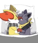 absurd_res aeren_(fokkorev) bed_sheet bedding fennekin feral generation_5_pokemon generation_6_pokemon hi_res hug hugging_another kiss_on_lips kissing nintendo pillow pokemon pokemon_(species) zorua