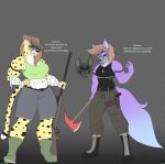 abs angry anthro armwear australian_hat bandage bandaged_arm big_breasts bone boots bottomwear breasts canid canine canis cheetah clothed clothing combat_boots crazy_eyes duo english_text felid feline female flat_colors footwear fox gun headgear headwear hi_res holding_object holding_weapon jessica_(photolol.03) mammal muscular muscular_anthro muscular_female neckwear photolol.03 pistol_holster ranged_weapon rifle shoes shorts simple_background small_breasts sniper_rifle tammy_(photolol.03) text tongue tongue_out weapon