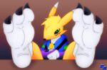 2022 3_toes anthro bandai_namco barefoot big_feet black_claws blue_clothing blue_hoodie blue_topwear canid claws clothed clothing digimon digimon_(species) digital_drawing_(artwork) digital_media_(artwork) feet foot_fetish foot_on_table fur furniture green_eyes hi_res hoodie jewelry looking_at_viewer mammal pendant plantigrade purple_clothing renamon ryoosakuling sitting table toe_claws toes topwear white_body white_feet white_fur yellow_body yellow_fur