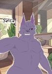 2026 absurd_res anthro armpit_hair armpit_tuft belly biped black_nose black_outline black_sclera black_text body_hair branch canid canine canis ceiling cheek_tuft closed_smile colored desk detailed_background dialogue digital_drawing_(artwork) digital_media_(artwork) dispenser dispenser_bottle dotted_background english_description english_text exclamation_point eyebrow_through_hair eyebrows facial_tuft featureless_chest fern floor floorboards flower flower_in_mouth front_view fur fur_hair fur_tuft furniture grey_wall hair half-length_portrait hand_sanitizer hand_sanitizer_dispenser hi_res hugo_(chaos_zero_nightmare) inside leaf looking_at_viewer male male_anthro mammal mirror mirror_reflection mouth_closed no_eyelashes nude_anthro nude_male one_eye_closed outline pattern_background phone_view plant portrait purple_arms purple_belly purple_body purple_cheeks purple_chest purple_ears purple_eyes purple_face purple_fur purple_hair purple_inner_ear purple_neck reflection selfie simple_background sketch sky smile standing table teeth text translucent translucent_hair tree tuft wall_(structure) wardrobe white_flower white_outline window wink wolf wood wood_floor zefurro