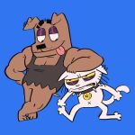 1:1 2025 anthro bararaboy brown_body canid canine canis clenched_teeth collar digital_media_(artwork) domestic_cat domestic_dog duo ear_piercing ear_ring felid feline felis frown furrowed_eyebrows hi_res leaning_on_another looking_down looking_up male mammal monotone_background muscular muscular_anthro muscular_male navel occult_symbol pentagram piercing resting_arm ring_piercing simple_background size_difference smile snowball_(bararaboy) spiked_collar spikes standing symbol tank_(bararaboy) teeth tongue white_body yellow_teeth