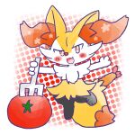 1:1 2024 ambiguous_anthro ambiguous_gender annyui0611 anthro biped blush blush_stickers braixen canid chibi digital_drawing_(artwork) digital_media_(artwork) digitigrade dipstick_tail food front_view fruit full-length_portrait generation_6_pokemon holding_fork japanese_description looking_at_viewer mammal markings micro nintendo no_pupils object_in_tail on_one_leg open_:3 open_mouth open_smile plant pokemon pokemon_(species) portrait shrimp_(food) simple_background smile solo standing tail tail_markings tomato translated_description