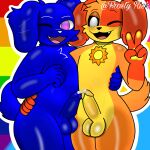 anthro blue_body blue_fur bodily_fluids canid canine canis chaz_barkley(bruce_bronze) dogday_(poppy_playtime) domestic_dog duo fluffy fluffy_tail frosty_risk fur genital_fluids genitals gesture glistening glistening_body hand_gesture hand_on_hip happy lgbt_pride lgbt_pride_month male male/male mammal mob_entertainment orange_body orange_fur outline penis poppy_playtime precum presenting presenting_balls presenting_penis pride_color_background pride_colors simple_background smiling_critters tail tips_touching v_sign white_outline