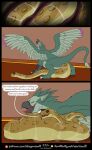 abdominal_bulge anaconda avian beak boa_(snake) bodily_fluids boinae comic dialogue duo emeralyn_(rimentus) english_text eyes_closed feathered_wings feathers female feral forked_tongue full_tour furaffinity furaffinity_logo green_body gryphon hi_res looking_pleasured mythological_avian mythological_creature mythology open_mouth page_number partially_inside patreon patreon_logo purple_eyes raised_tail reptile rimentus safe_vore scales scalie snake soft_vore speech_bubble tail tail_tuft text tongue tongue_out tuft unseen_prey url vess_(rimentus) vore wings yellow_body yellow_scales