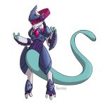 2019 3_fingers 3_toes alternate_color anthro armor arms_bent artist_name black_clothing black_footwear blue_armor blue_body blue_clothing blue_gauntlets blue_helmet blue_pauldron blue_skin blue_tail blue_topwear breasts cel_shading closed_smile clothed clothed_anthro clothed_female clothing colored digital_drawing_(artwork) digital_media_(artwork) english_description fakemon featureless_crotch feet female female_anthro fingers footwear full-length_portrait gauntlets gem generation_6_pokemon gloves grey_body grey_skin handwear hi_res hybrid legendary_pokemon light lighting long_tail looking_at_viewer lunareel mega_evolution mega_mewtwo mega_mewtwo_x mega_mewtwo_y mouth_closed nintendo pauldron pokemon pokemon_(species) portrait shaded simple_background small_breasts smile smiling_at_viewer solo tail text toes topwear visor white_background wide_crotch
